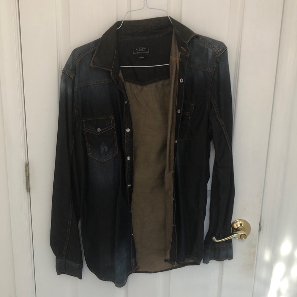 Zara Dark blue denim western button shirt with leather collar and snap buttons